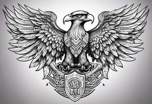 upper back and shoulder tattoo eagle wings with spartan helmet in middle with letters RELJA on top, maori style tattoo idea