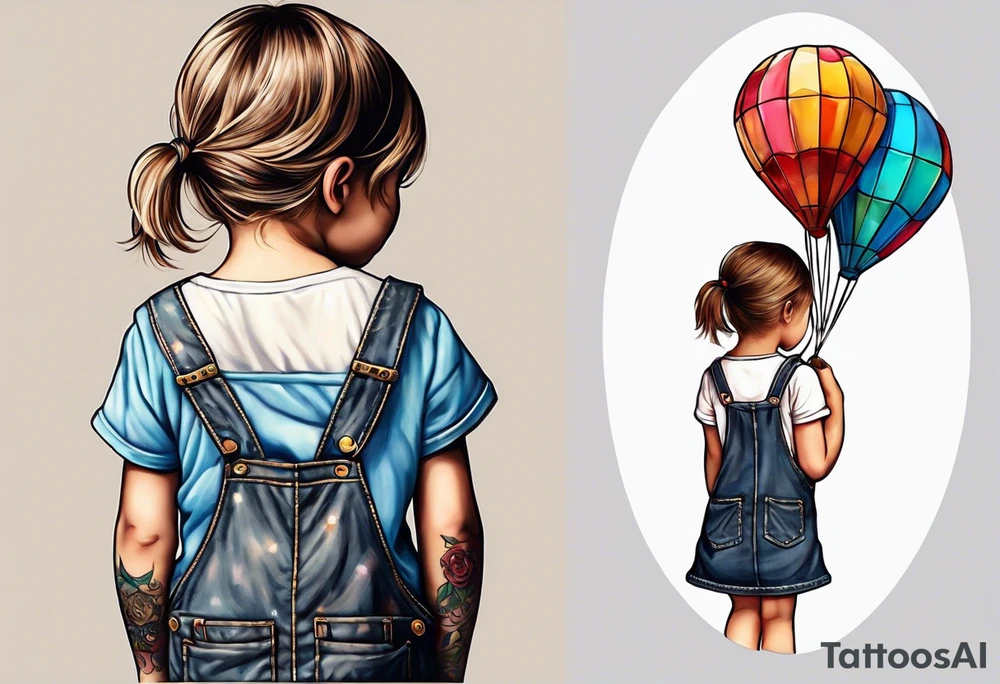 back image of a little girl in a dress, holding as kite , a teddy bear in overalls, standing beside her tattoo idea