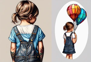 back image of a little girl in a dress, holding as kite , a teddy bear in overalls, standing beside her tattoo idea