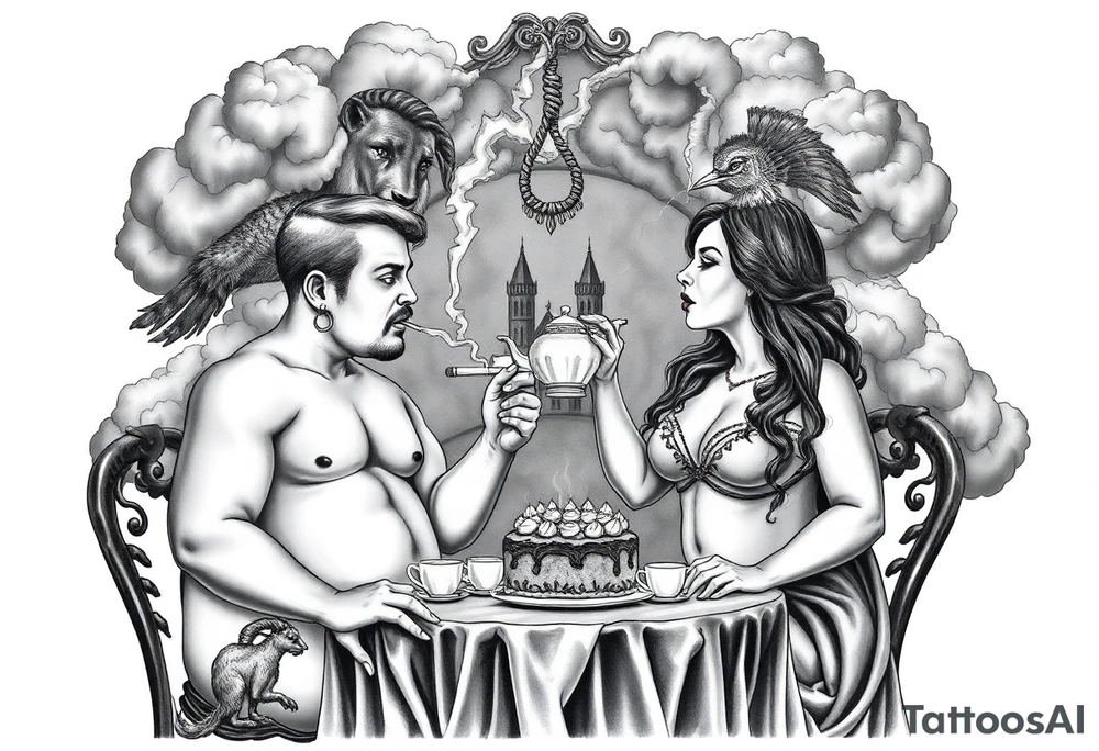 Naked Man and woman having sex Storm lightening clouds gothic sexy naked fat lady having a tea party with tea pot and medieval castle
with a pigglets, peacock, noose, lion, goat, smoking cigerettes looking in the mirror eating a cake thru storm clouds with razor blades and broken hearts and darkness and wrath, envy , gluttony, greed, sloth, pride kill tattoo idea