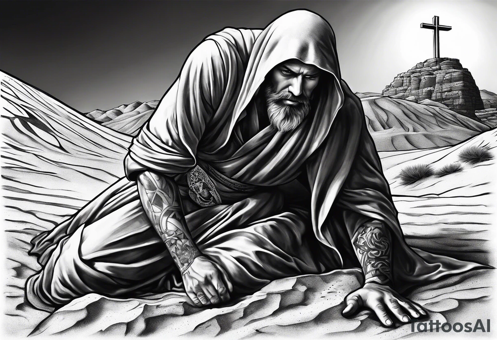 man crawling in a desert reaching to the cross of Christ tattoo idea