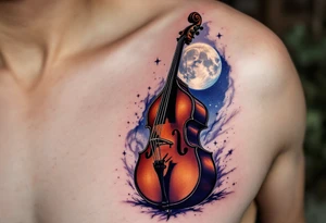 Double Bass in Moonlight – A warm brown double bass bathed in cool moonlight with a soft night sky in blue, violet, and black in the background, evoking deep tones and late-night jazz sessions. tattoo idea
