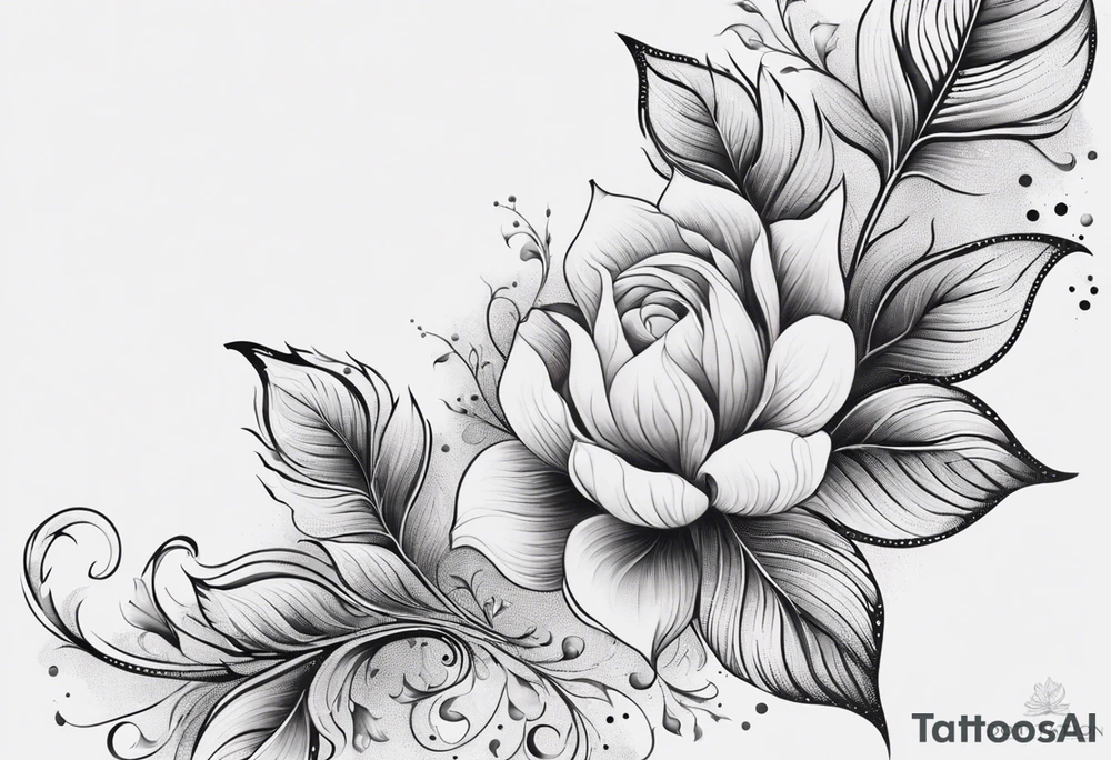 Design an ornamental tattoo featuring a single stem with delicate leaves and blossoms, using thin lines for a refined look. tattoo idea