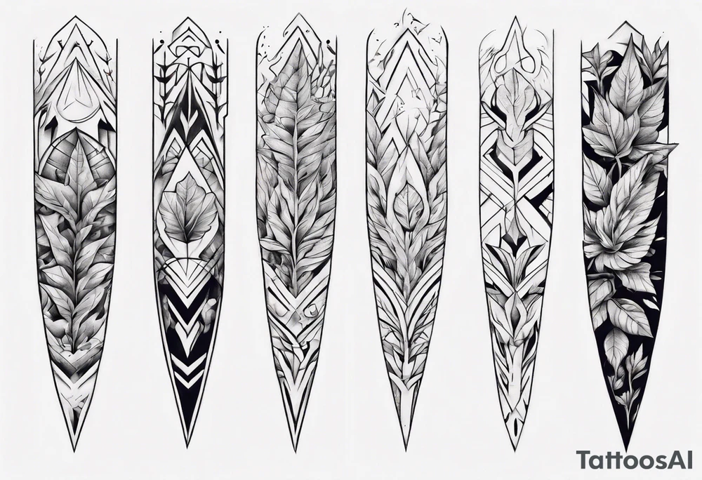 full arm tattoo. pointy leaves combined with geometric shapes. whole arm tattoo idea