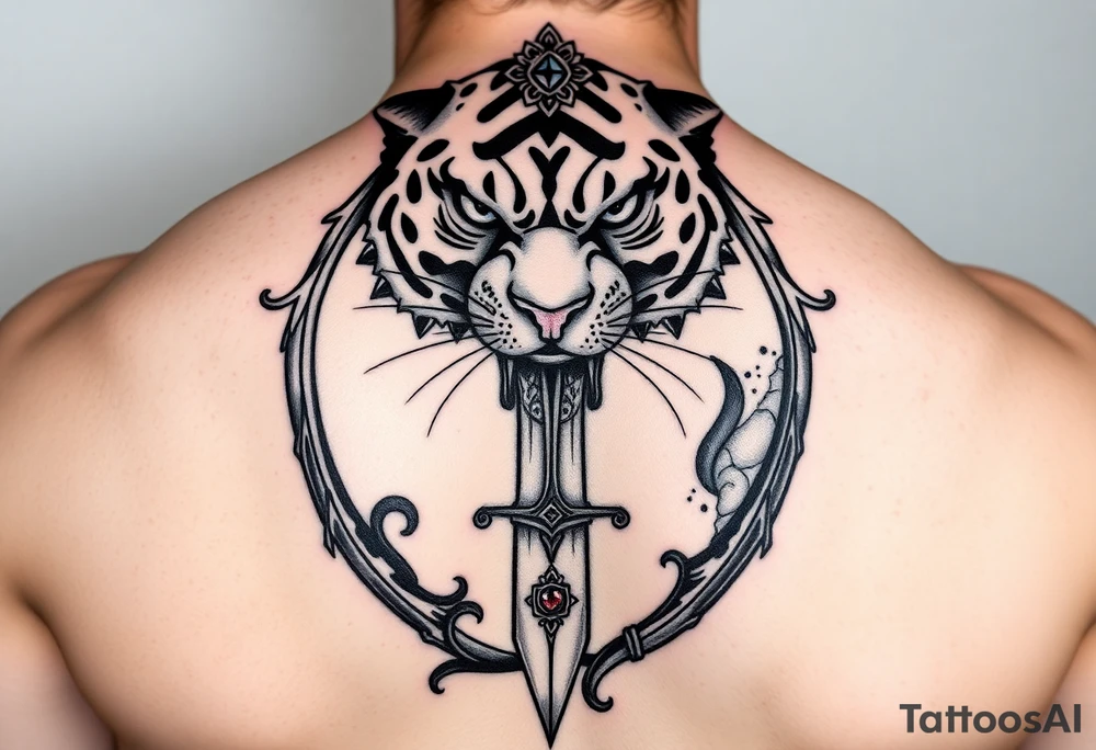 mystical panther around an ancient dagger with jeweled hilt tattoo idea