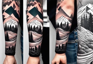 Full arm sleeve tatto that symbolises Family Love, memories of deceased family, mental health, Mountain adventures tattoo idea