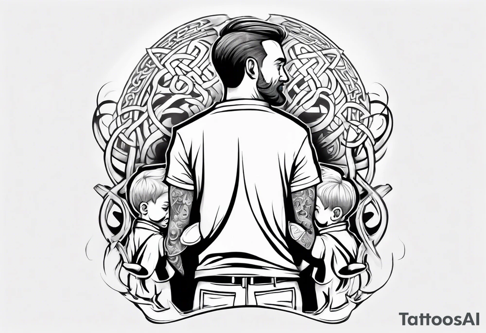 a father with a son on each shoulder from behind. A subtle design on their backs of celtic music. tattoo idea