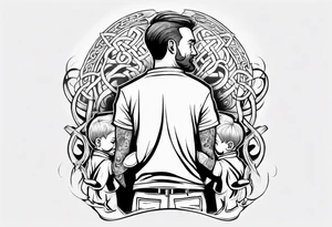 a father with a son on each shoulder from behind. A subtle design on their backs of celtic music. tattoo idea