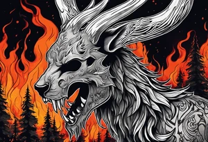 A spooky rotting bone lore accurate wendigo side profile surrounded by a forest fire in background tattoo idea