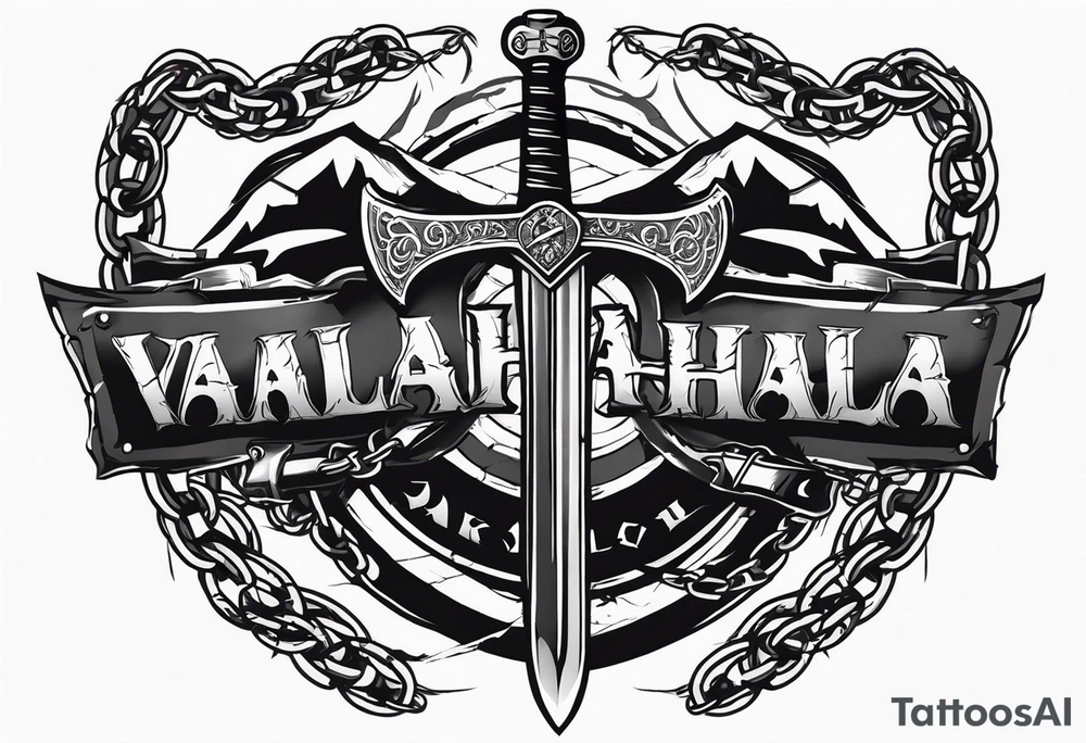 Valhalla sword shield axe barbed wire chains dark cloud tattoo idea