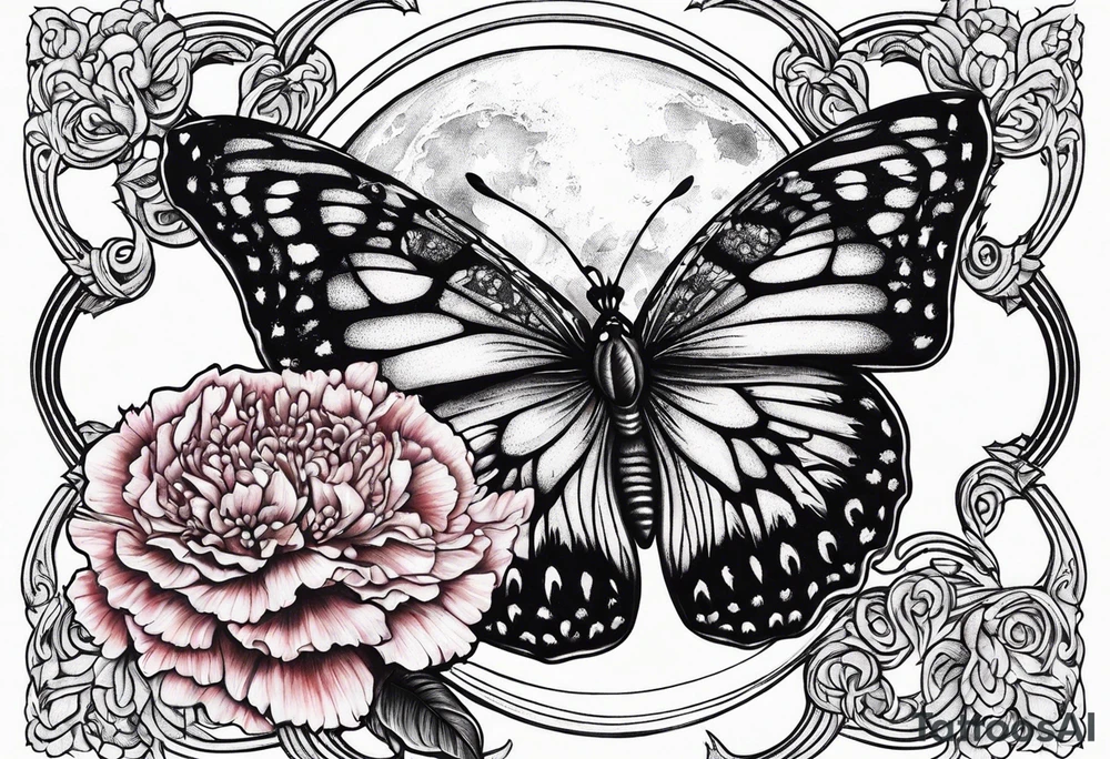 carnation butterfly moon behind tattoo idea