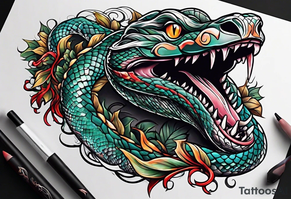 Snake with an evil out inside of its mouth tattoo idea