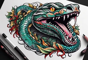 Snake with an evil out inside of its mouth tattoo idea