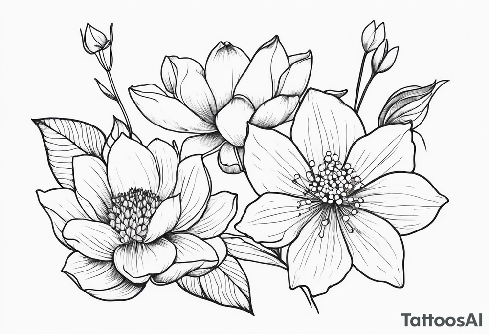 Thin line small lotus dogwood lily of the valley and peony wildflower tattoo idea