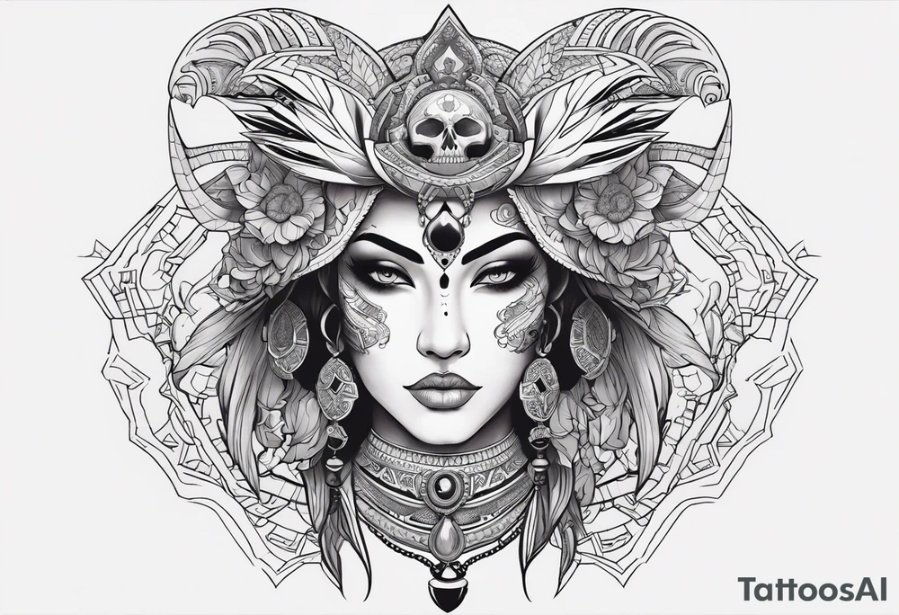 kali ma, alien goddess, valkrye, aries, pirate, divine feminine, zenza resonance, pachamama, lotus azul, blank panther, eagle, skull, 5D, nueva gaya, dna 12, left side chest tatoo tattoo idea