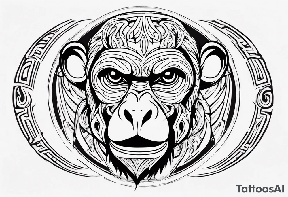 Create a tribal monkey outline in a small disconnected circle tattoo idea