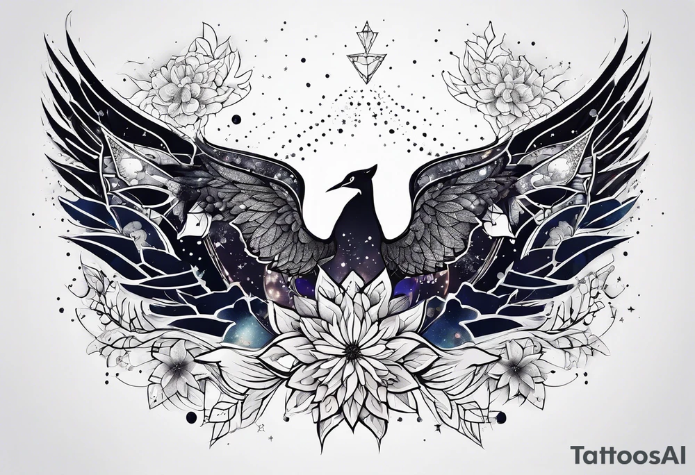 Constellation, wing , snow , géométric , flower tattoo idea