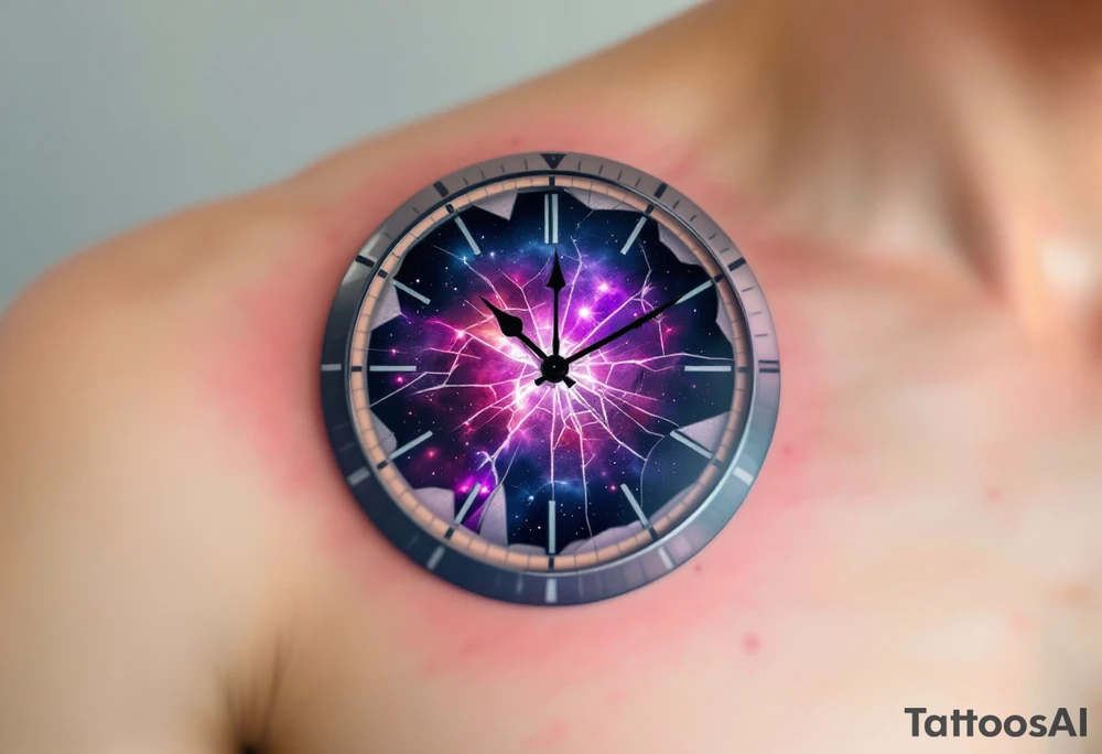 A clock with a shattered glass face, revealing a cosmic nebula behind it in hues of violet, magenta, and deep indigo. tattoo idea