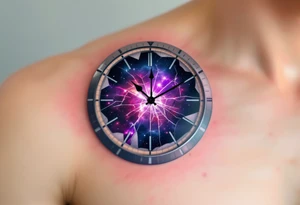 A clock with a shattered glass face, revealing a cosmic nebula behind it in hues of violet, magenta, and deep indigo. tattoo idea