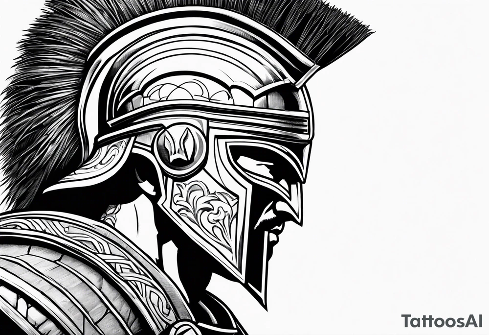 Side profile of spartan soilder looking at ancient city tattoo idea