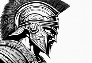 Side profile of spartan soilder looking at ancient city tattoo idea