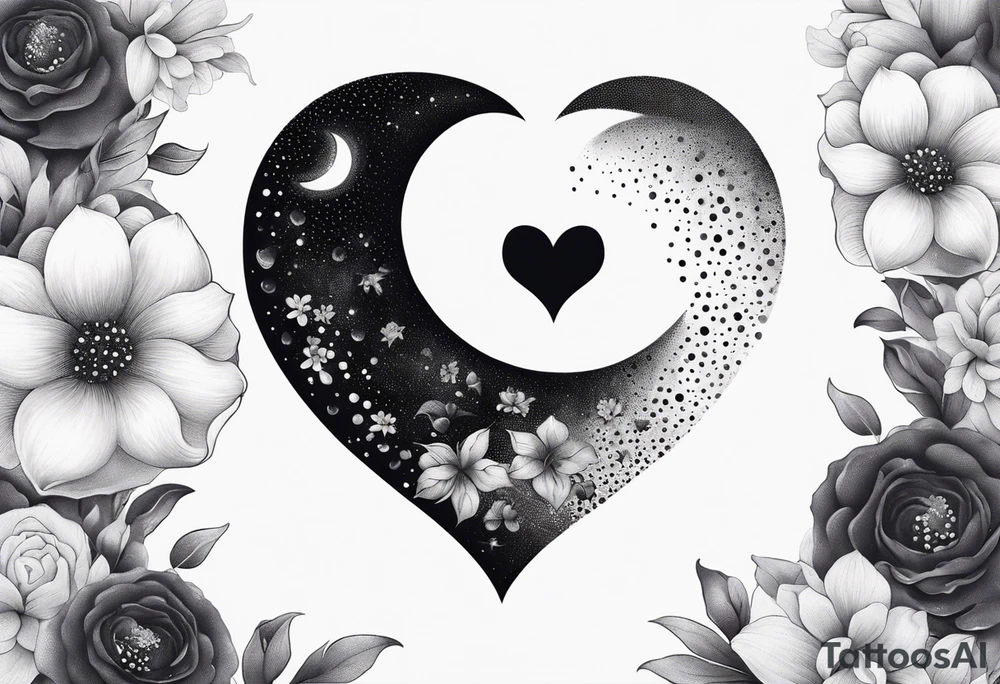 Crescent moon with a heart inside, shrouded by beautiful flowers with wisps of mist tattoo idea