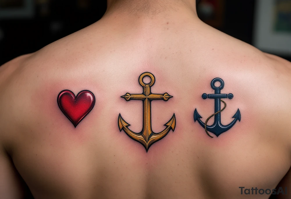 Fine-line black cursive sitting above three matching symbols: a crimson heart, golden cross, and deep blue anchor. tattoo idea