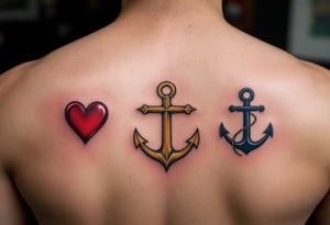 Fine-line black cursive sitting above three matching symbols: a crimson heart, golden cross, and deep blue anchor. tattoo idea