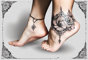 Ankle bracelet tattoo with feminine style and larger in the centre. Show on higher ankle tattoo idea