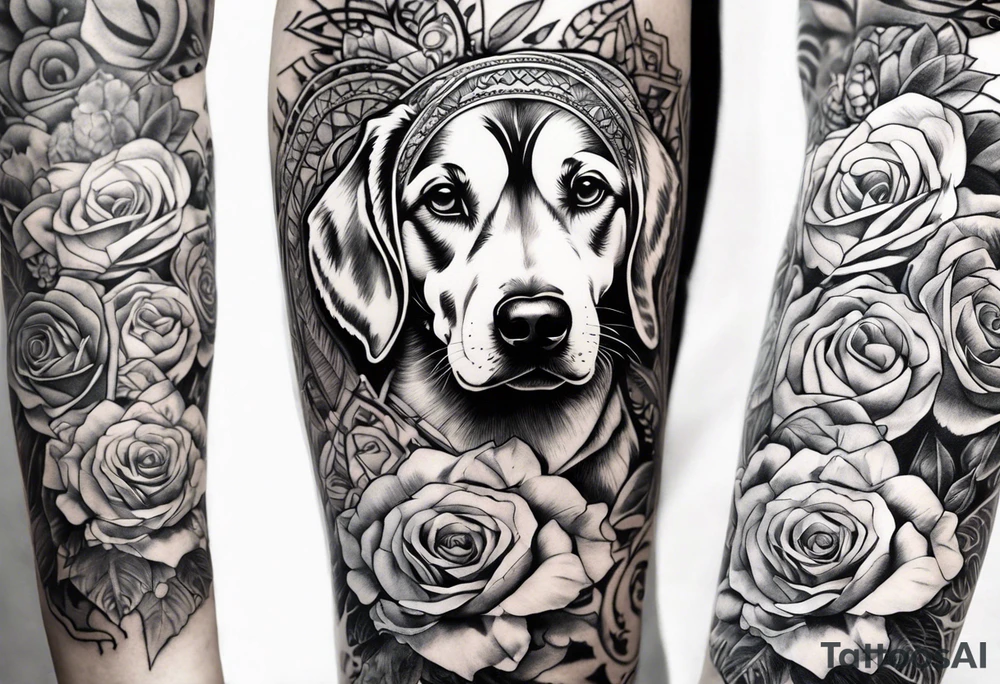 Quero uma manga com um relógio  de bolso, 3 rosas, as patas de um cão  e tudo com um fundo em tribal tattoo idea