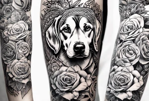 Quero uma manga com um relógio  de bolso, 3 rosas, as patas de um cão  e tudo com um fundo em tribal tattoo idea