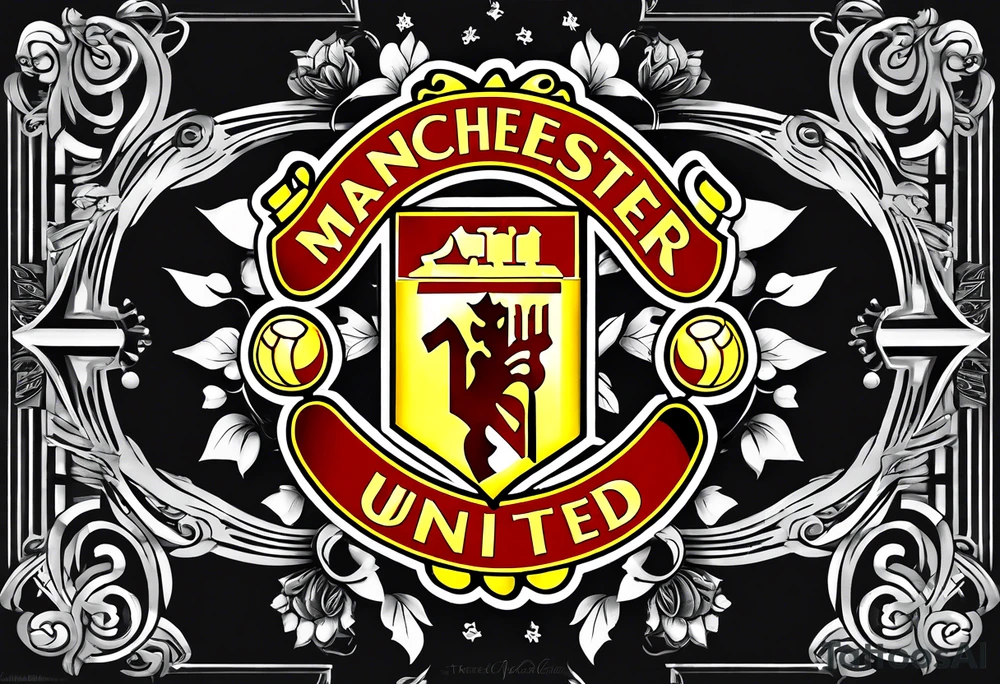 Manchester United, two cats, God, edm, all combined into one art. manchester united crest to be the focal point tattoo idea