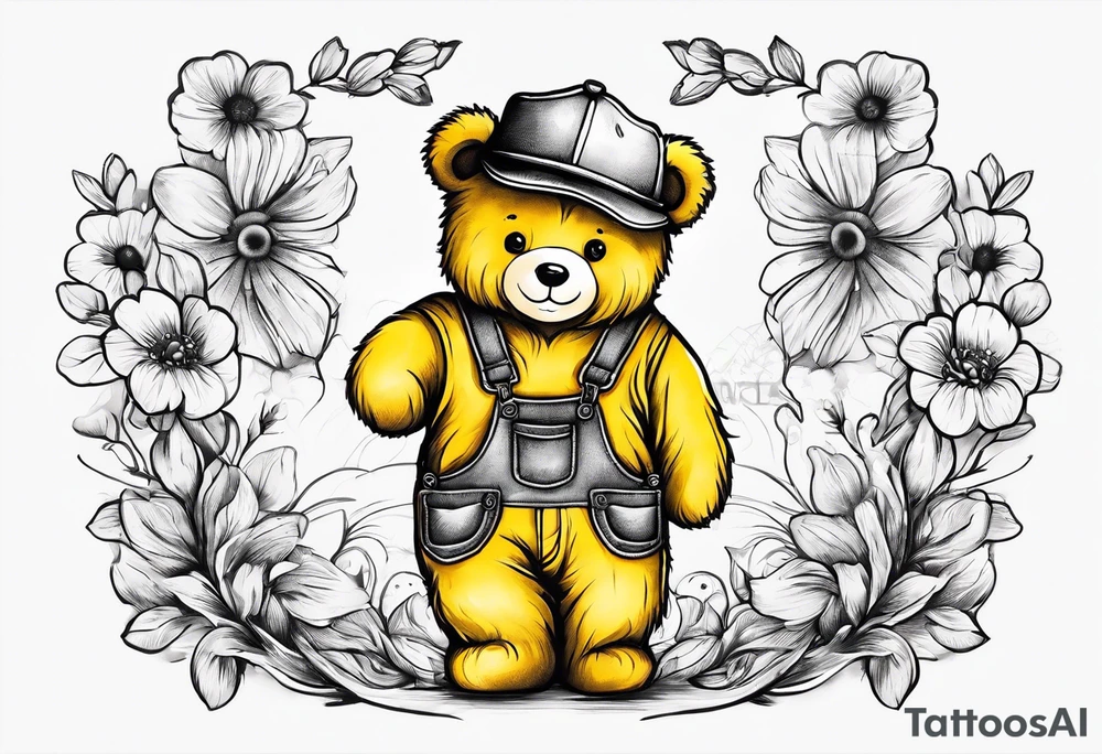 the back of a standing teddy bear in yellow overalls tattoo idea