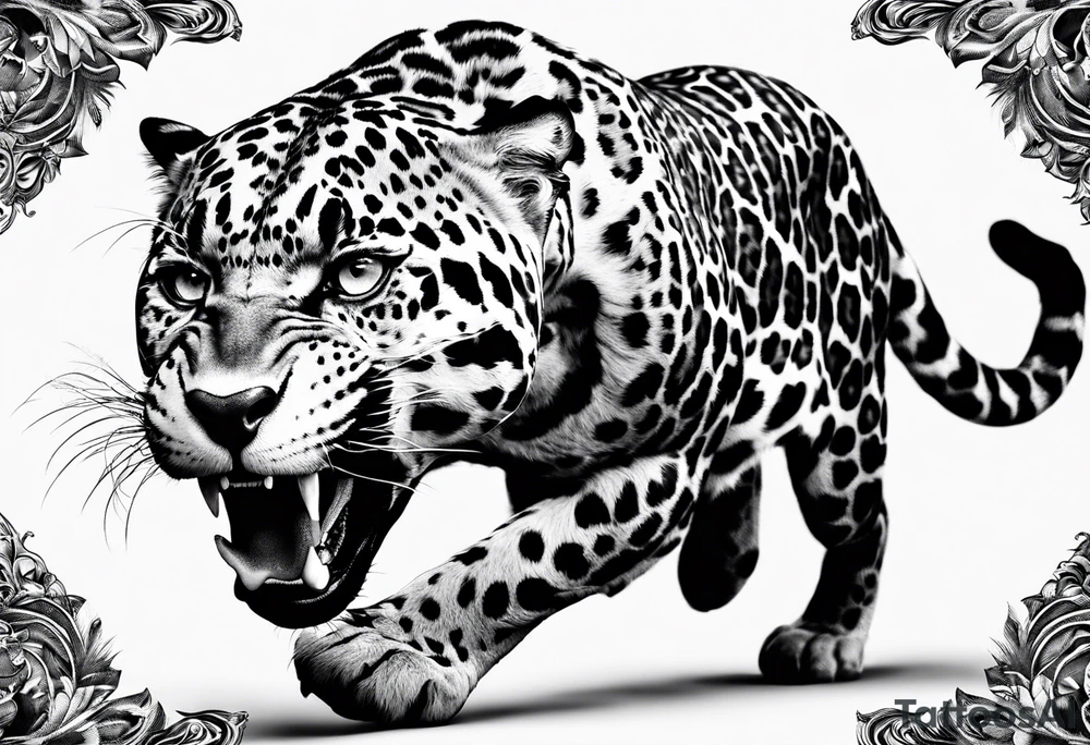 writhing jaguar, top side view, running, tattoo idea