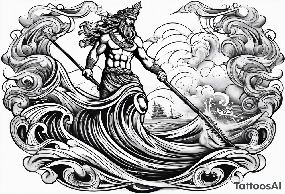 Poseidon raising trident with waves tattoo idea