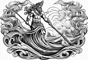 Poseidon raising trident with waves tattoo idea