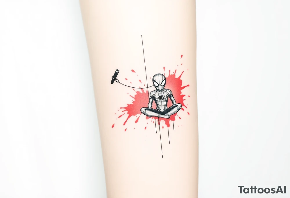 A vertical stacked tattoo design for a half-sleeve on a white background. At the top is a chibi Deadpool character in a bold ink sketch style. At the bottom is a chibi Spider-Man character sitting cross-legged in a loose pencil sketchbook style. High contrast black and grey shading. The two characters are connected by loose, energetic sketch lines and a thin spiderweb thread hanging between them. Dramatic, stylized splashes of bright, vibrant watercolor red ink splatter bursting out around both characters' suits, bleeding into the negative space. Tattoo flash sheet style, crisp linework. tattoo idea