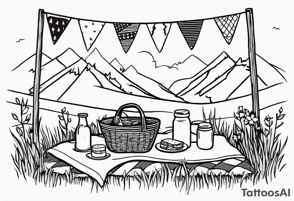 picnic scene on a meadow, with a sheckers blanket, basket, pillows and party pennants. Thin lines. tattoo idea