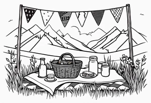 picnic scene on a meadow, with a sheckers blanket, basket, pillows and party pennants. Thin lines. tattoo idea