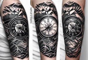 From left shoulder to forearm sleeve tattoo. Fine line geometric, concept design tattoo, ocean thunder fire , geometric and surrounds a previous tattoo of a watch on the tricep to biscep tattoo idea