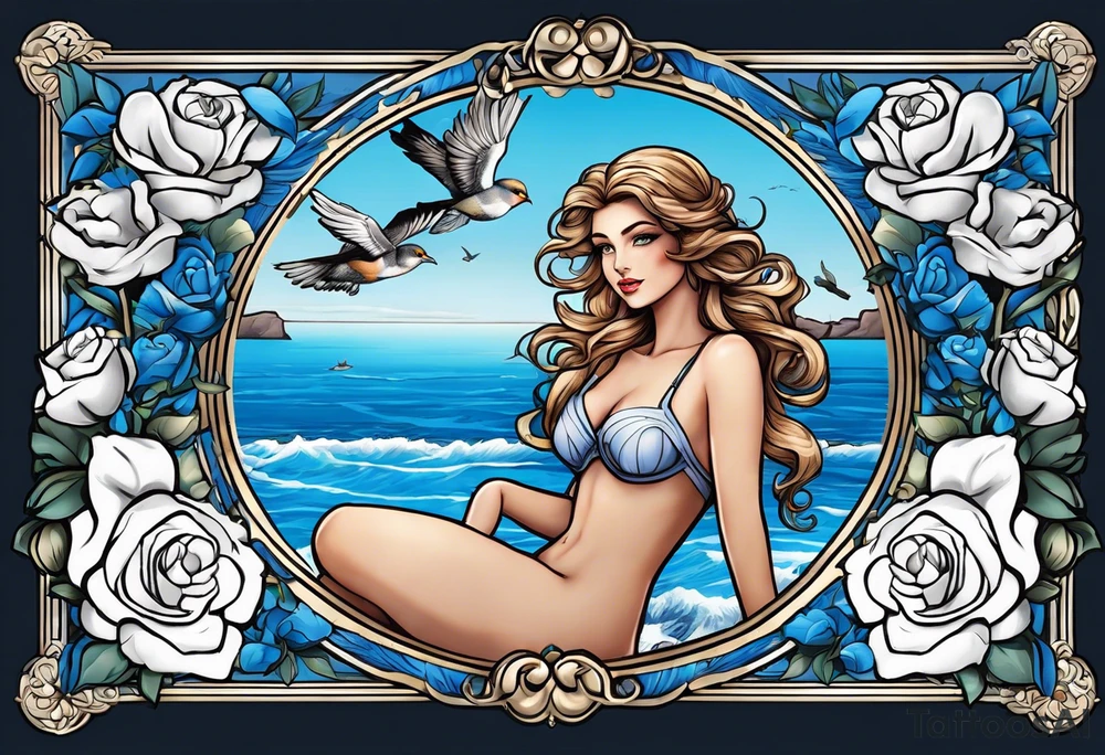 Aphrodite is the goddess of love, with a seaside background, surrounded by birds.. blue roses frames, background blue,present it in a tattoo tattoo idea