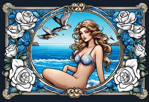 Aphrodite is the goddess of love, with a seaside background, surrounded by birds.. blue roses frames, background blue,present it in a tattoo tattoo idea