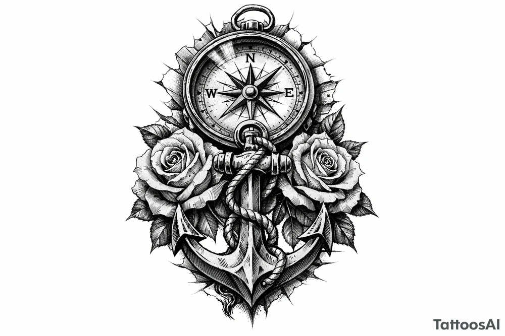 a compass under it an anchor and roses. tattoo idea