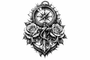 a compass under it an anchor and roses. tattoo idea