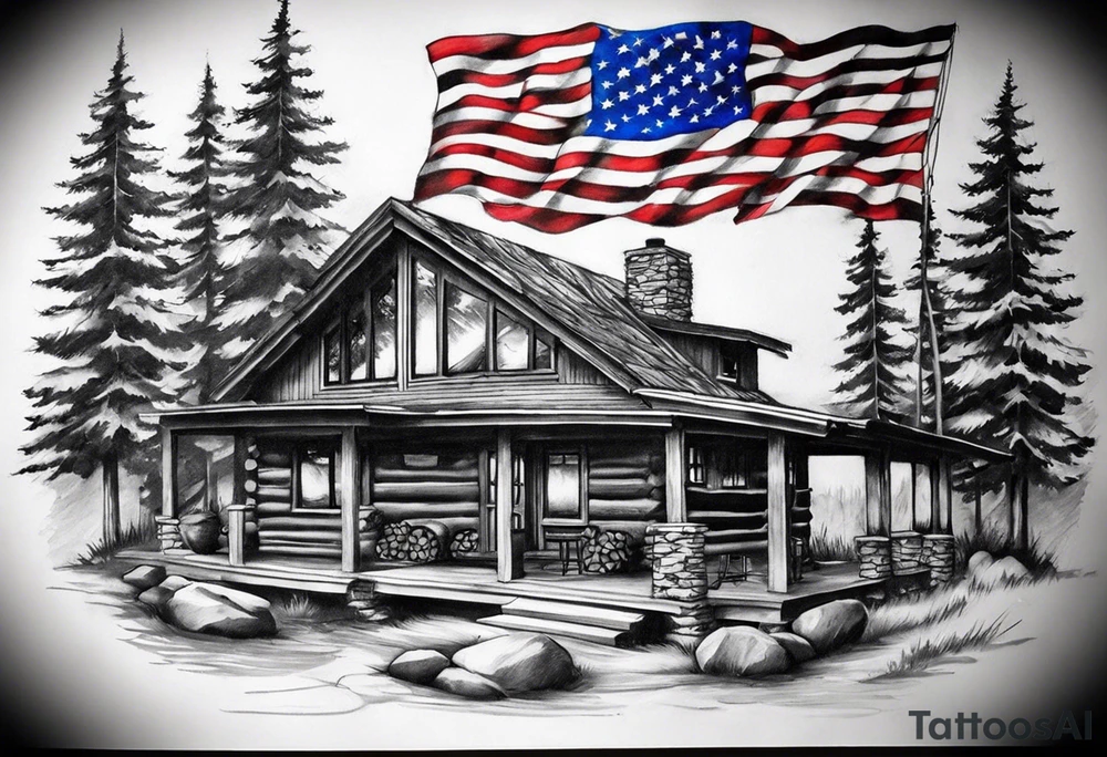 I want a sleeve tattoo that has a cabin in a firepit in it on the forarm and then tansistions to a USA flag towards the top. It needs to be darker towards the top tattoo idea