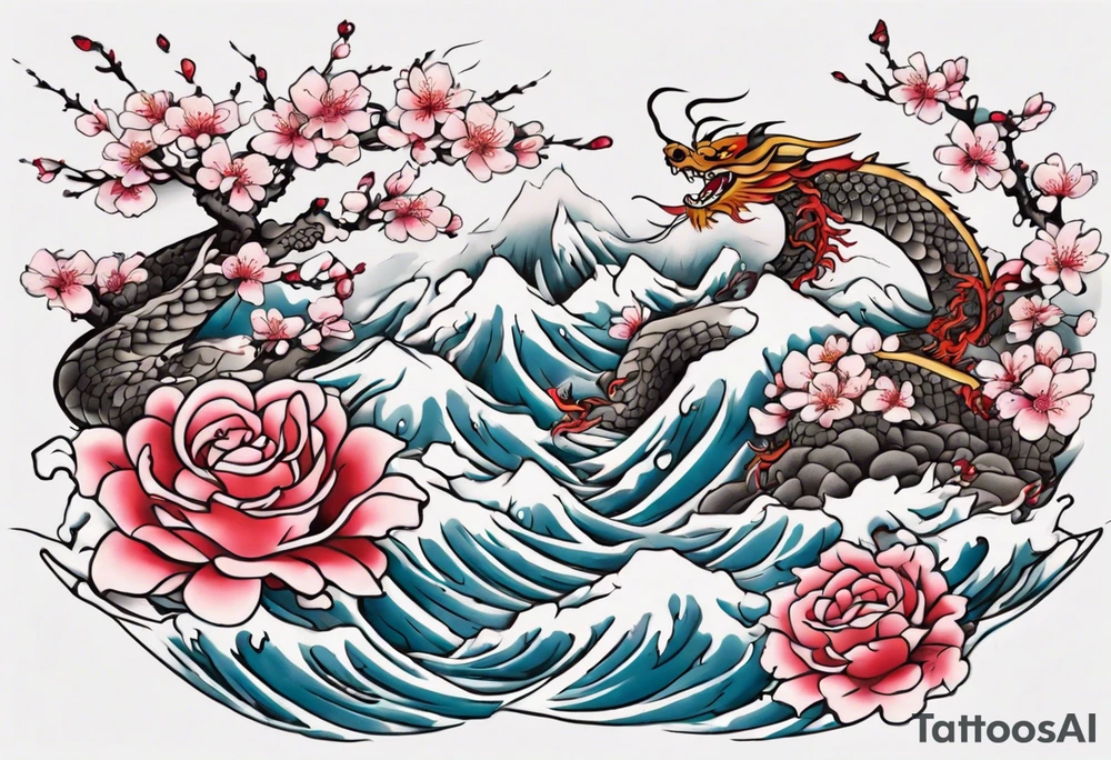 Japanese floral cherry blossom and snow mountains back ground filler for traditional Chinese dragon and great waves and rose and butterfly tattoo tattoo idea