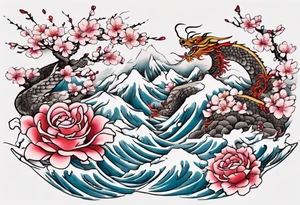 Japanese floral cherry blossom and snow mountains back ground filler for traditional Chinese dragon and great waves and rose and butterfly tattoo tattoo idea