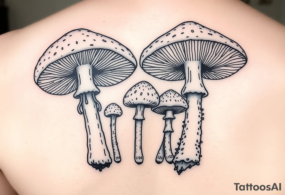 Psychedelic mushrooms two big four small with the stems of the small ones being their birth date which is 8/3/18, /9/10/21, 11/18/22 and 1/20/25. tattoo idea