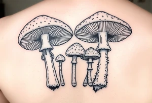 Psychedelic mushrooms two big four small with the stems of the small ones being their birth date which is 8/3/18, /9/10/21, 11/18/22 and 1/20/25. tattoo idea