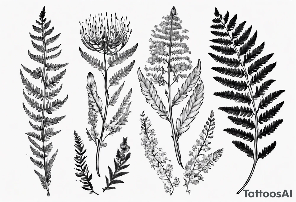 Sword fern and Vancouver island wildflowers tattoo idea